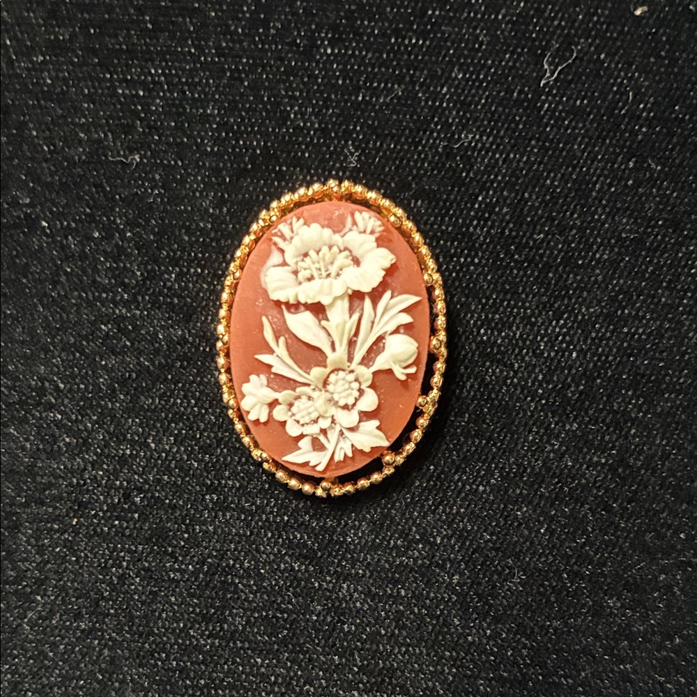 Vintage Trifari Gold-Tone Coral Cameo Floral Brooch - Women's Jewelry
